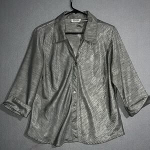 Selene Sport Blouse Women's Large Silver Metallic Button-Up 3/4 Sleeve Collard